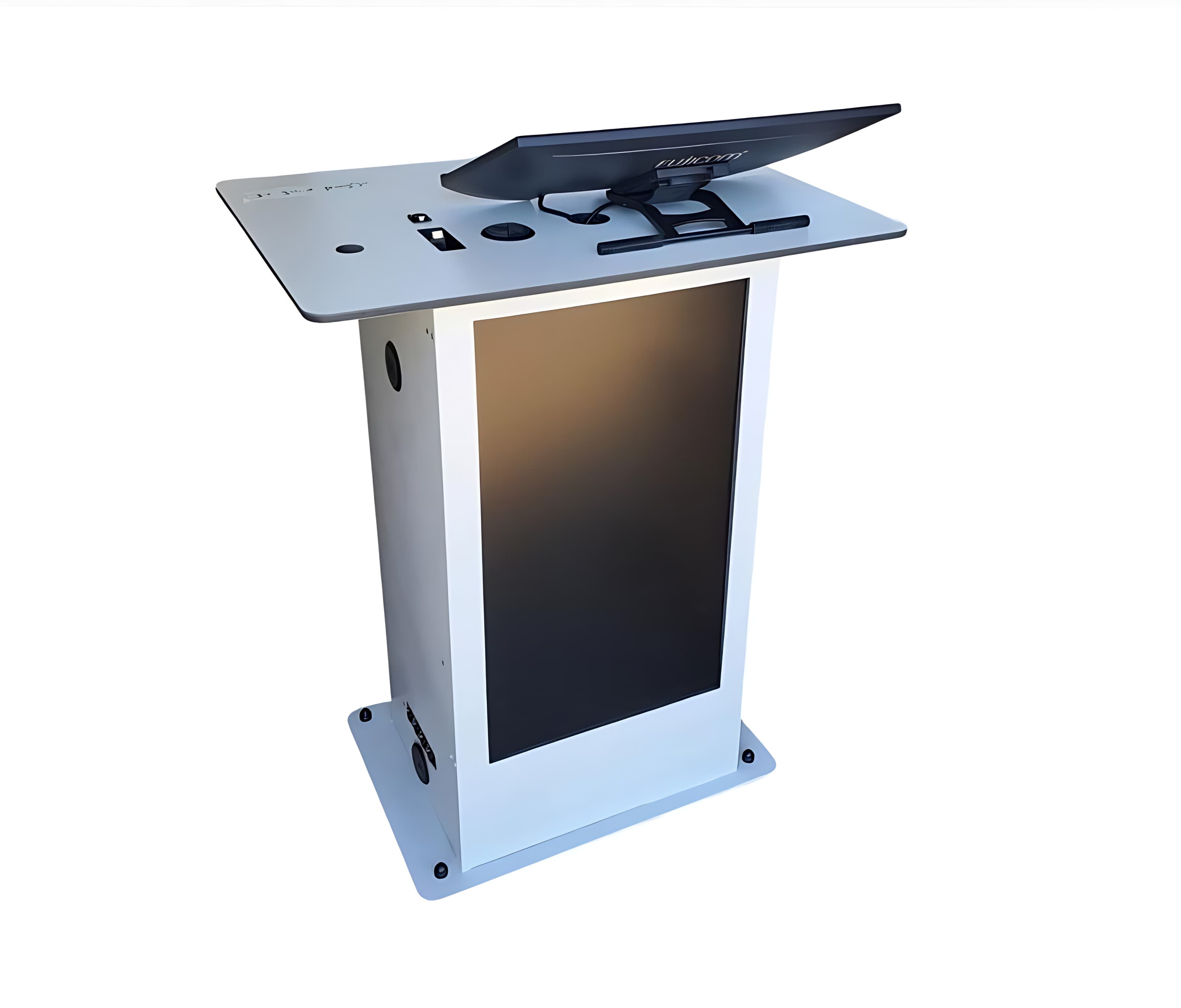 White compact lecturer station with a monitor arm on the top surface and a display on the front of the column