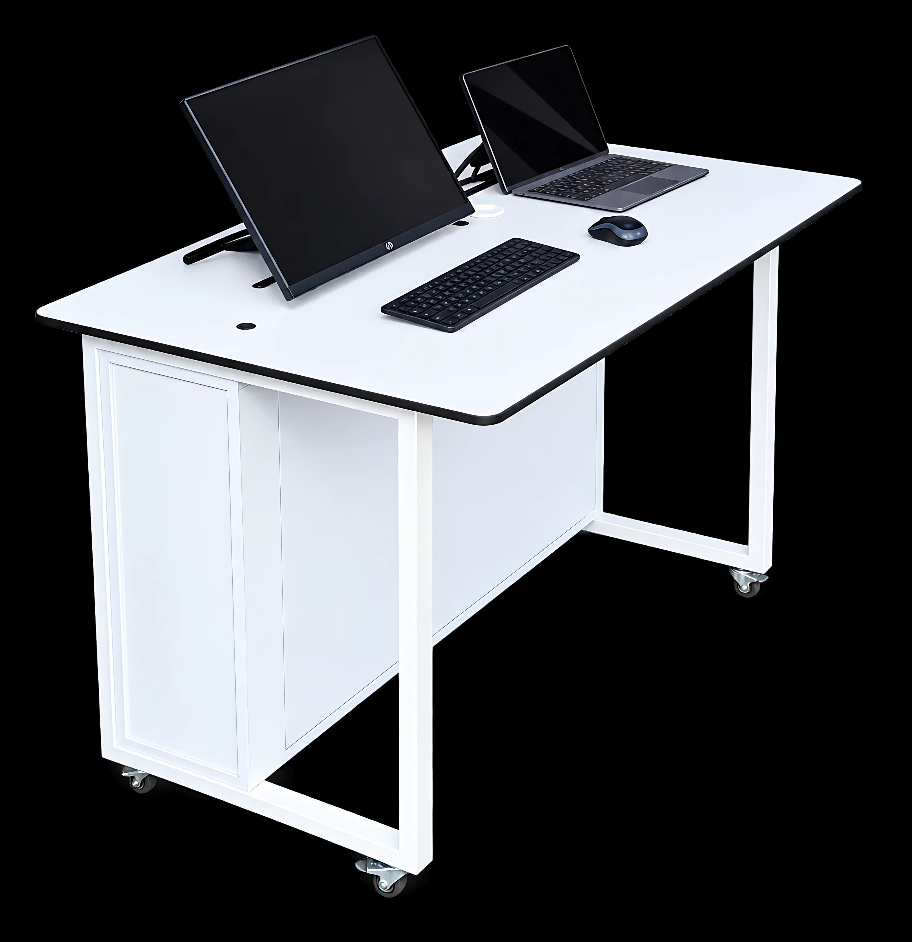 White lecturer desk on casters with a monitor arm, laptop space and an enclosed side cabinet