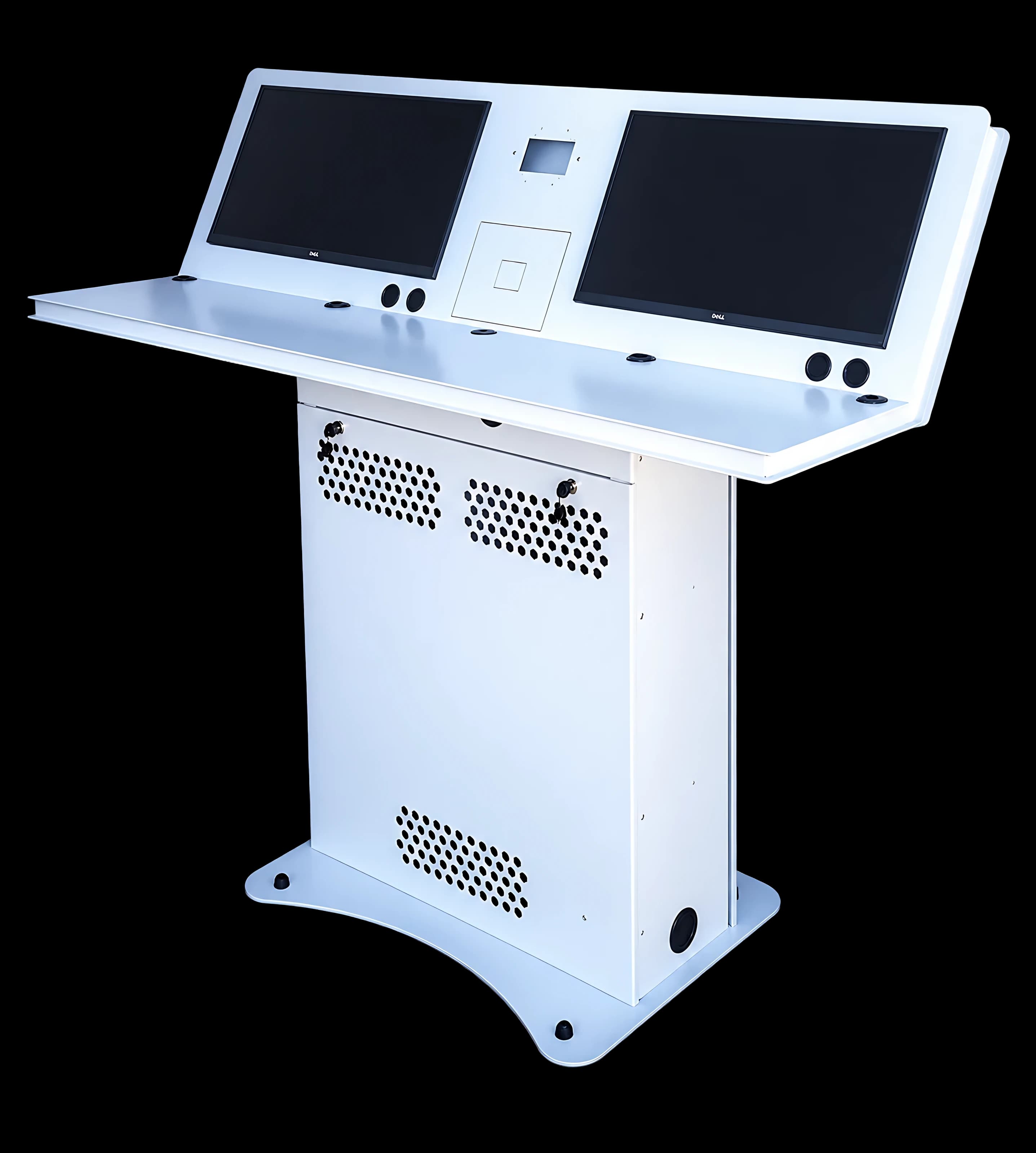 White station with two displays above a wide work surface and a ventilated column on a curved base
