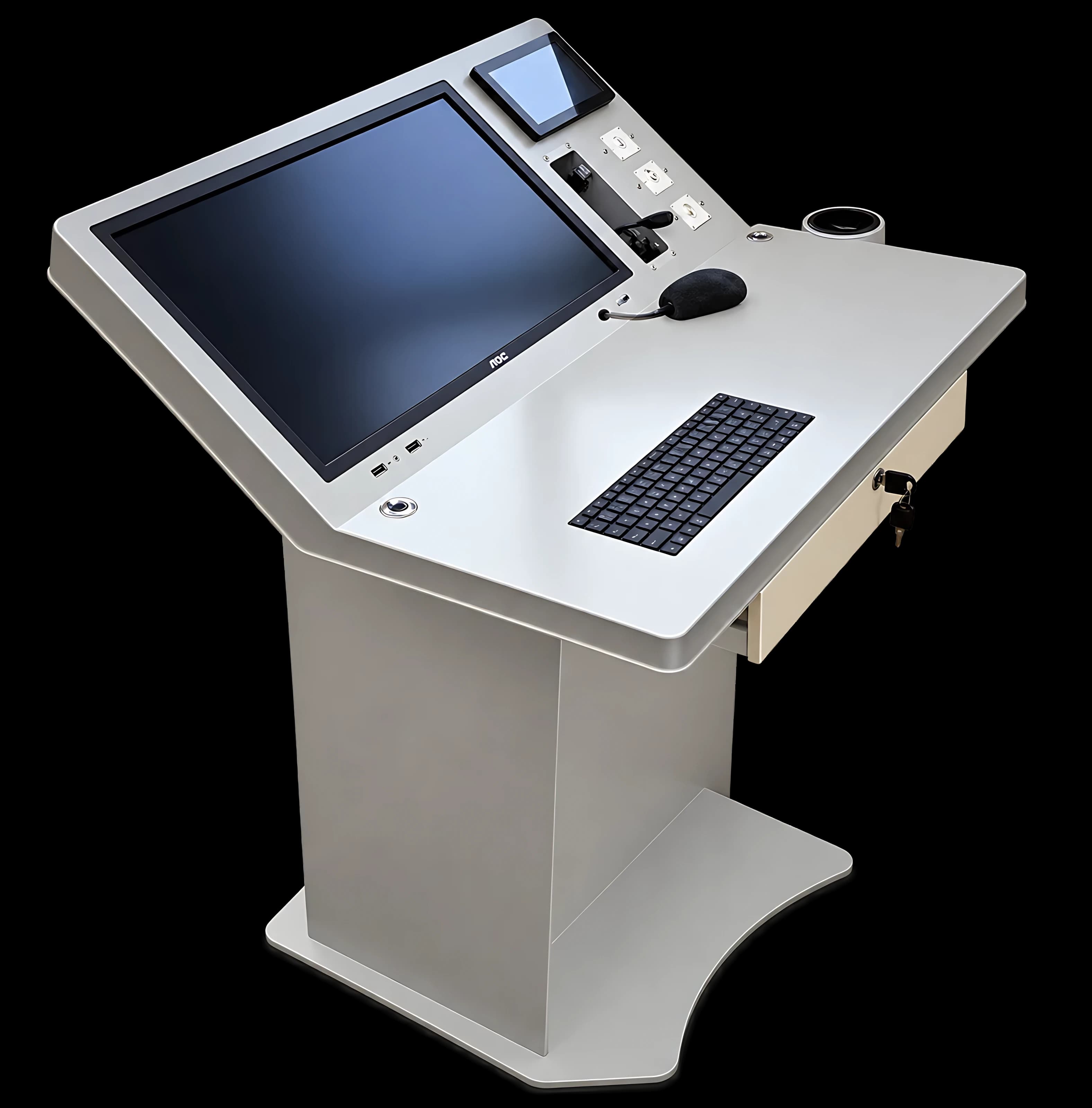 Light grey control console with an angled main display, small touch screen, gooseneck microphone, keyboard and lockable drawer