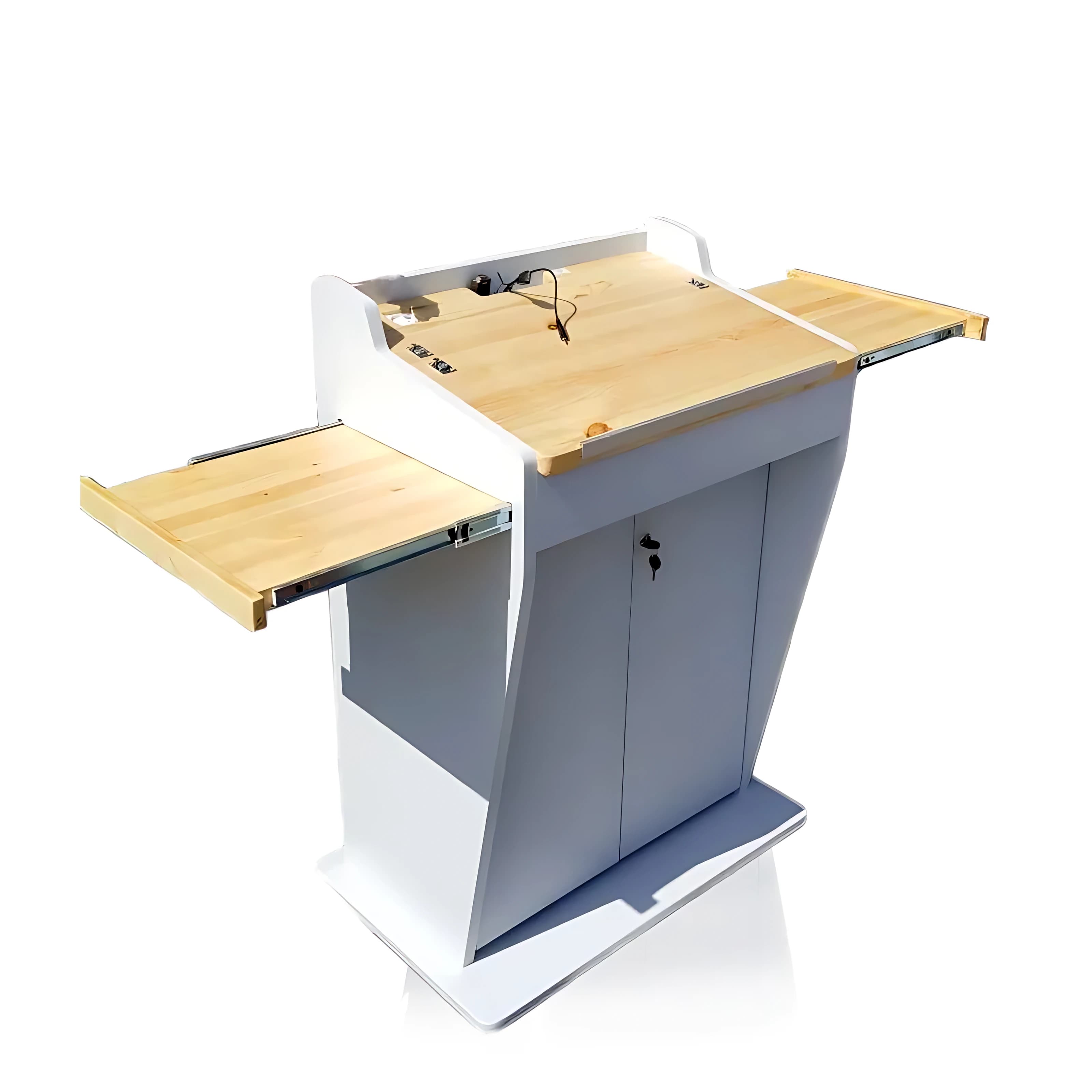 White dual lecturer station with two pull-out side surfaces