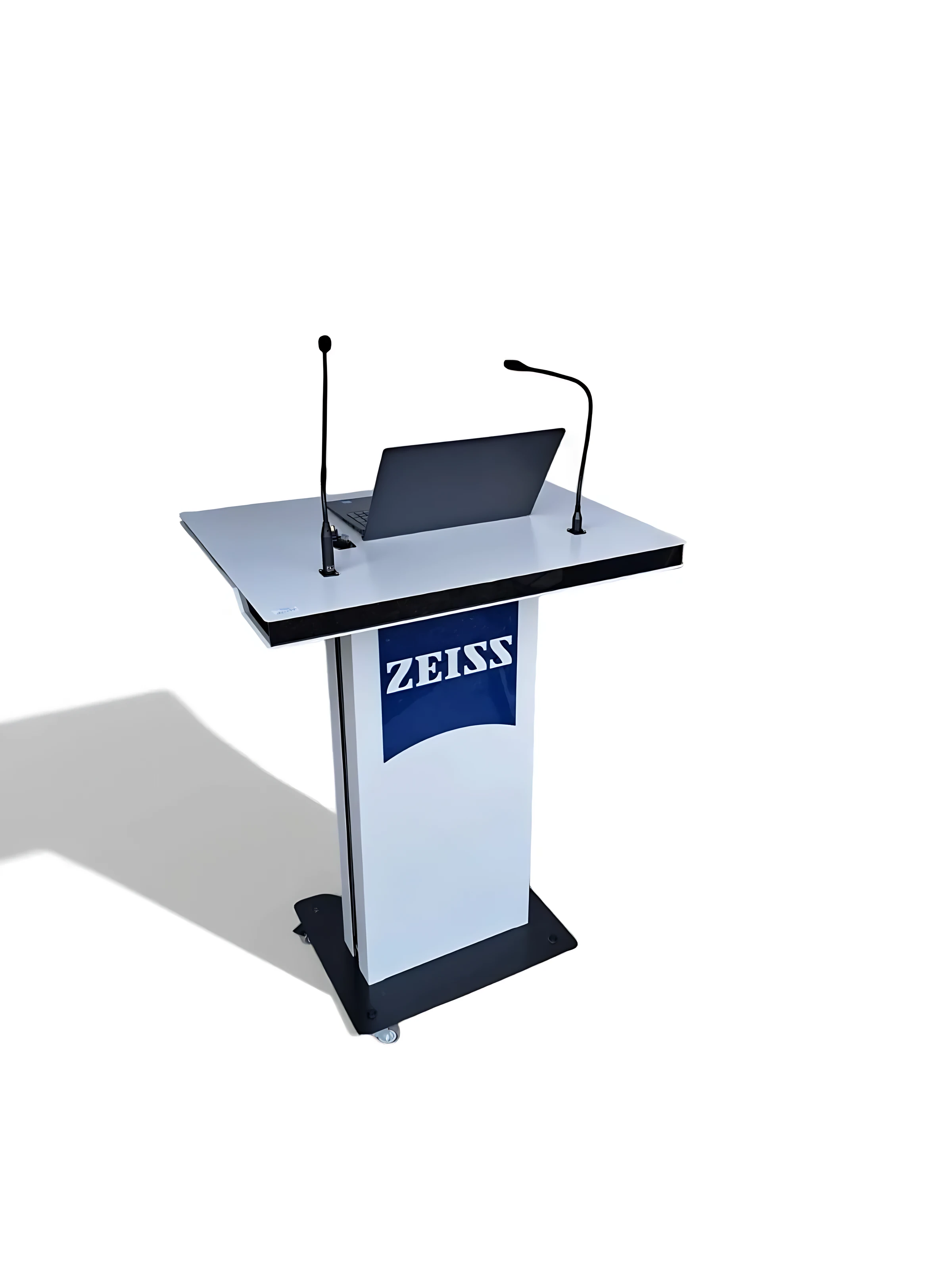 White and black G-1 lecturer station with a laptop and two flexible arms