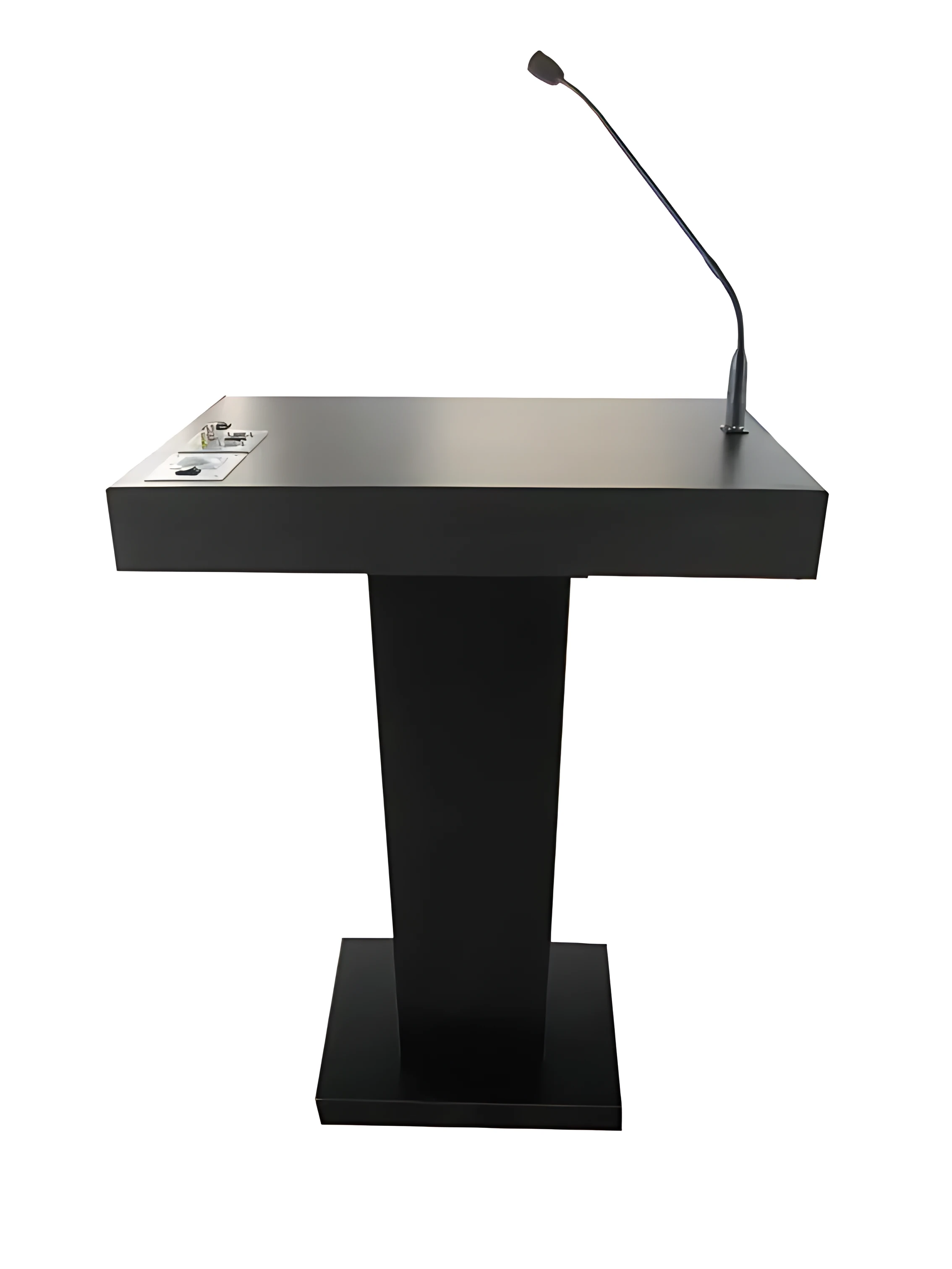 Black podium without a display, fitted with a flexible microphone