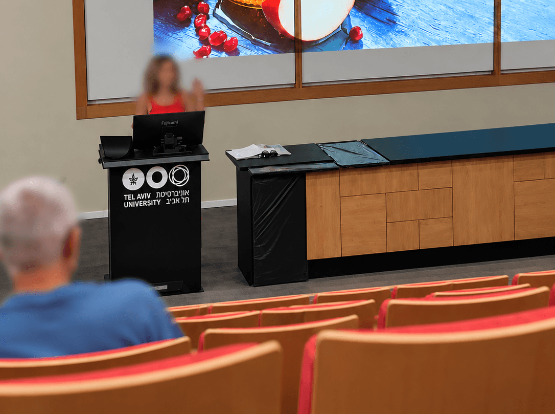 Grey accessible lecturer station with a display, recessed keyboard, gooseneck microphone, touch control panel and height-adjustment keypad